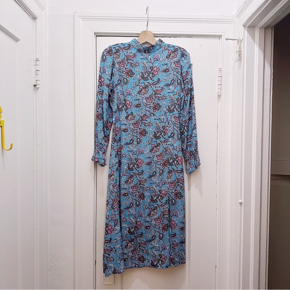 Loft Bohemian Floral Blue Midi Dress Leg Slit Paisley Long Sleeve - Picture 2 of 6